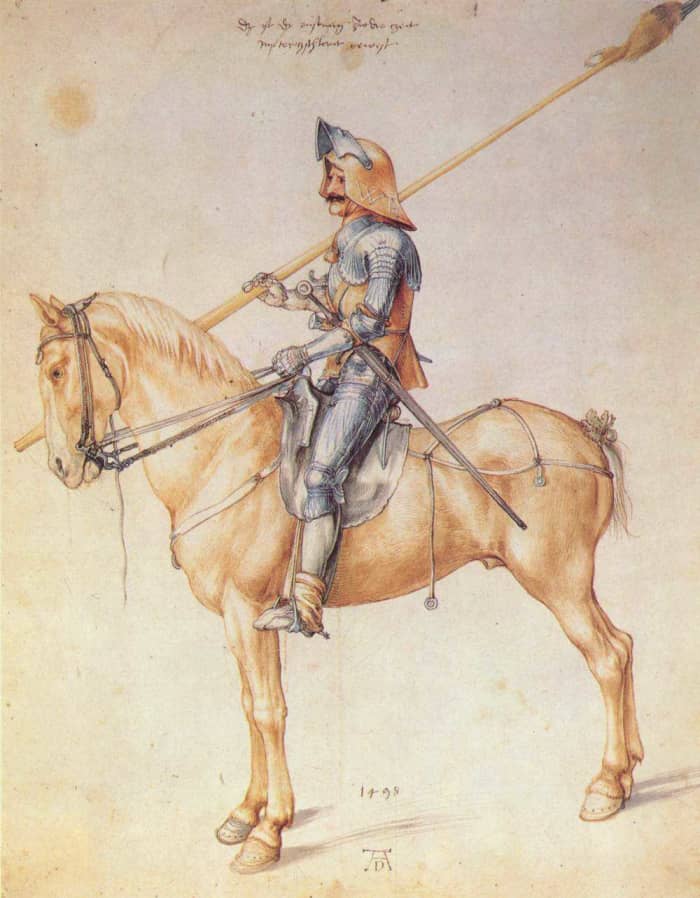 A depiction of a man-at-arms. They were usually land-owning commoners who could afford better equipment than your average peasant.