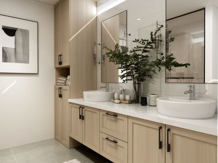Consider adding brown cabinets to the bathroom. His and her sinks are great. Sinks that have above borders rather than built-into counters look elegant.