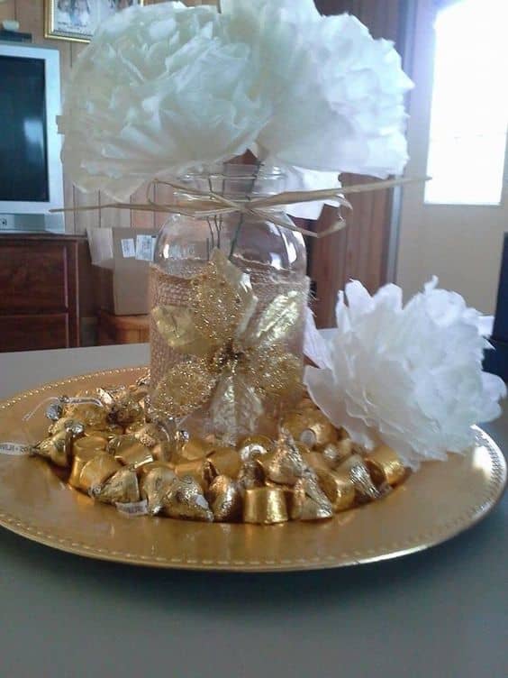Burlap Wrapped Mason Jars - Gold Tray from Dollar Store - Handmade Coffee Filter Flowers - Gold Wrapped Candy Pieces