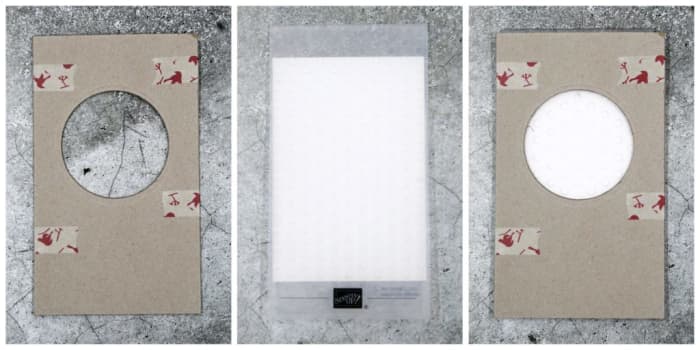 A shape is cut into two pieces of cardboard taped together. Then the created shim is placed over the embossing folder(with cardstock in it to create a plain area within an embossed design