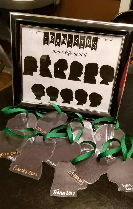 Christmas present for grandparents: silhouettes of all grandchildren in birth order, and a silhouette ornament of each as well