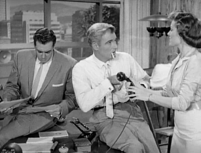 (from left) Raymond Burr as Perry Mason; William Hopper as Paul Drake and Barbara Hale as Della Street.