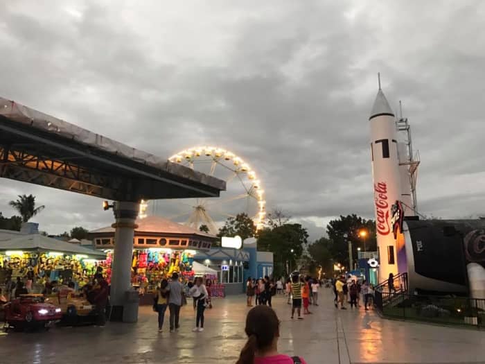 Spaceport is an adult-only zone with attractions such as the Space Shuttle, the triple loop roller coaster, and go-karts.