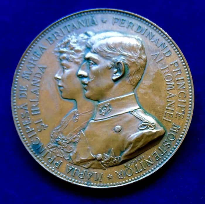 The 1893 marriage medal of the future King Ferdinand I of Romania and Princess Marie of Edinburgh who became his queen consort.