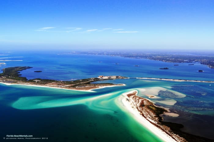 Aerial from 2012 showing Hurricane Pass. Caladesi Island is on the lower right, and Honeymoon Island center left.