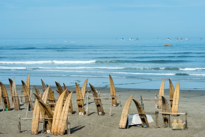 Traditional Peruvian small Reed Boats (Caballitos de Totora), used by Peruvian fishermen for thousands of years.