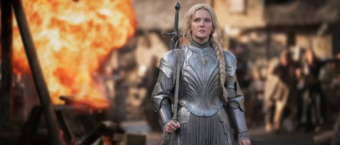 Morfydd Clark as Galadriel in The Rings of Power. Image likely owned by Amazon.