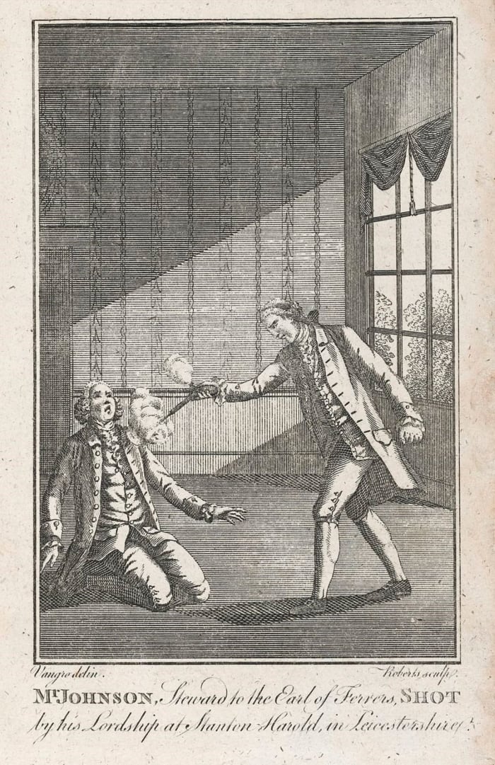 A contemporary illustration of Earl Ferrers shooting his chief steward John Johnson.