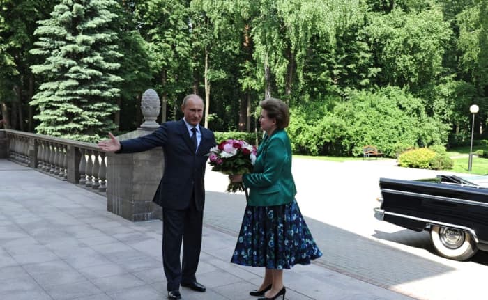 Major General Valentina Tereshkova, Hero of the Soviet Union. This is a meeting Russian Federation President Putin in 2013.