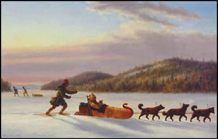 An 1840s oil painting of a fur trader using a dog sled pulled by 3 dogs. Dog sleds have been used for over a thousand years.