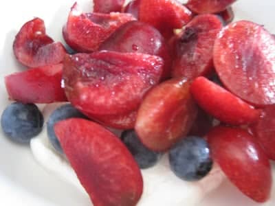 One of my favorite ways to enjoy blueberries is with cherries, sour cream, and a little sugar. This is a great dessert!