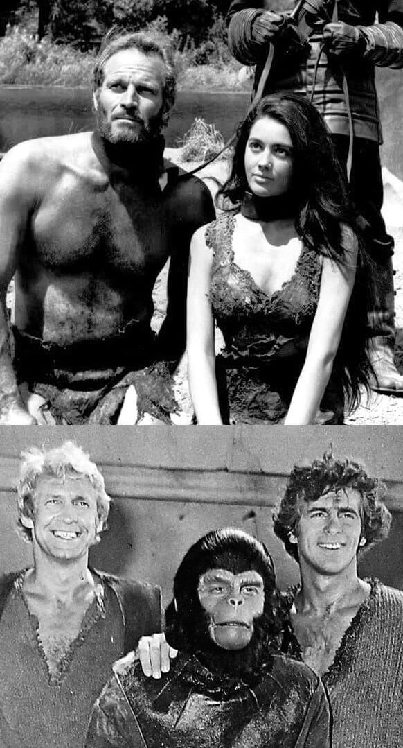 Top: Charlton Heston and Linda Harrison in the 1968 "Planet of the Apes" film / Bottom L–R: Ron Harper, Roddy McDowell, and James Naughton from the '74 TV series.