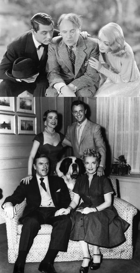 Top L–R: Cary Grant, Roland Young, and Constance Bennett in 1937's "Topper" / Bottom Standing: Anne Jeffreys and Robert Sterling, Bottom Seated L–R: Leo G. Carroll, Neil the dog, and Lee Patrick. This was the cast of TV's "Topper" (1953–55).
