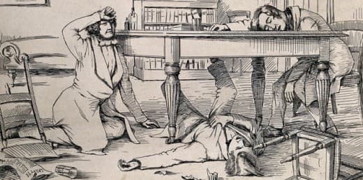 The effects of liquid chloroform on Sir James Young Simpson and his friends. The shattered glass used by one of the experimenters lies on the floor. Artist unknown, 1840s