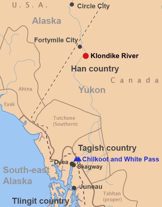 Routes to the Klondike (red spot).