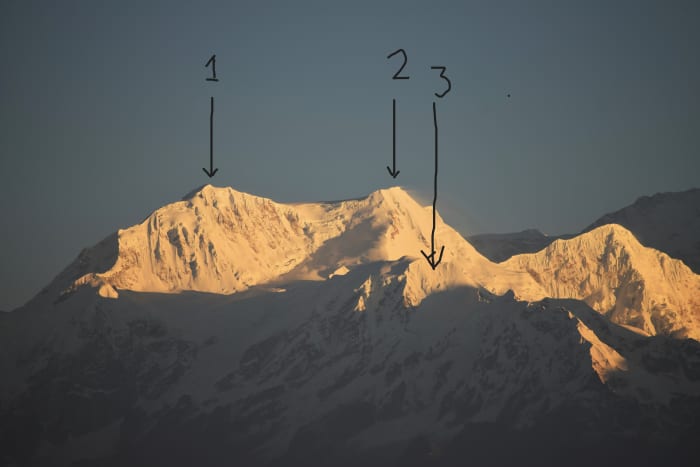 Mount Kabru consists of point one, Kabru South; point two, Kabru North; point three, Kabru Dome. This view is from Darjeeling.