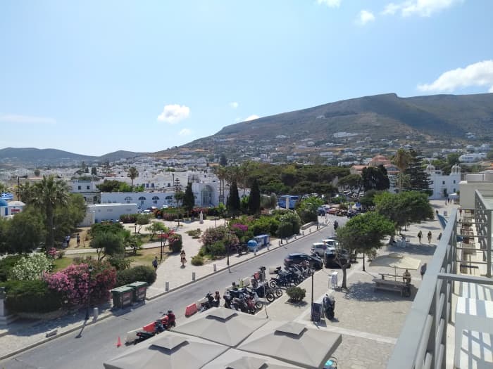A view from the balcony of one of the rooms in the Hotel Oasis in Parikia. I trekked up the mountain later in the week.