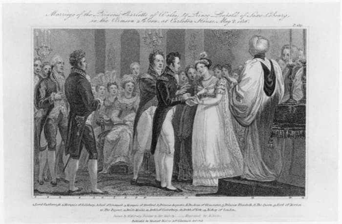 The wedding of Princess Charlotte of Wales and Prince Leopold of Saxe-Coburg-Saalfeld.