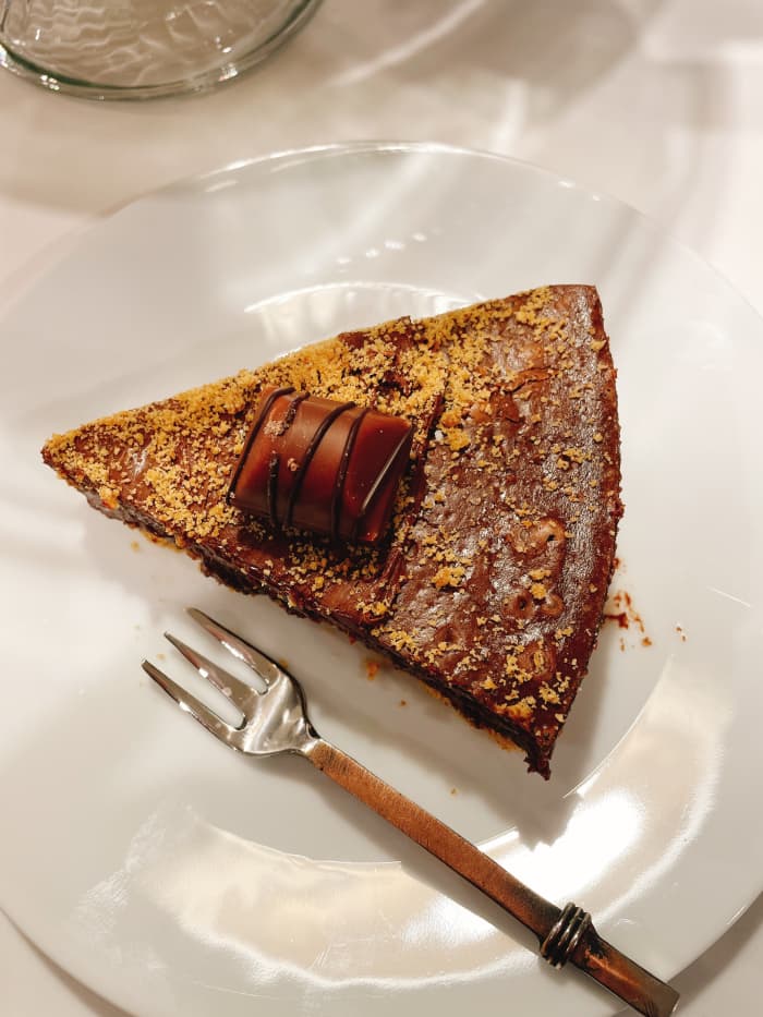 Yum! The cheesecake is creamy and rich with chocolate and hazelnut flavors. I loved every bite of it!