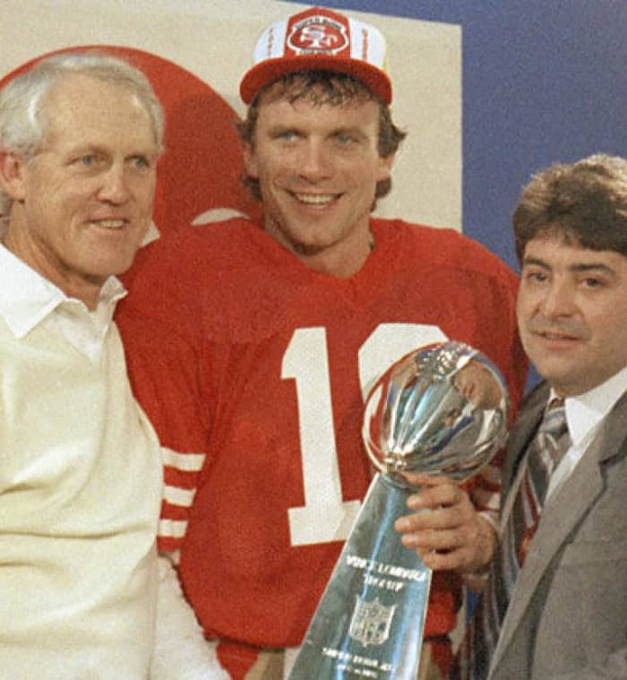 Bill Walsh and Montana together won 3 Super Bowls. Montana won another with Walsh's replacement George Seifert.