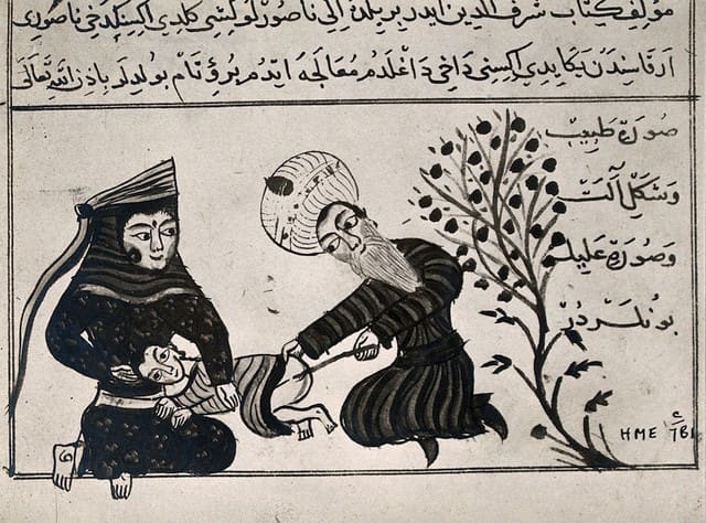 A boy, held by his mother, has an anal examination, performed by a man in a turban.