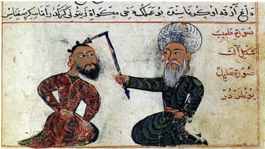 “Epilepsy treatment from the surgical atlas Cerrahiyetül Haniye (Imperial surgery). Drawn in the 15th century (1465). Collection: Ataturk Institute for Modern Turkish History, Istanbul, Turkey