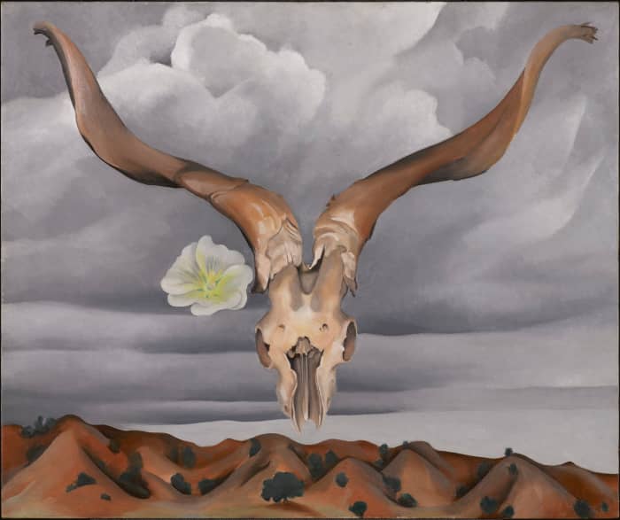 Georgia O'Keeffe was known for her flowers, bones, and modern brush strokes. "Ram's Head, White Hollyhock-Hills" 1935. Brooklyn Museum,