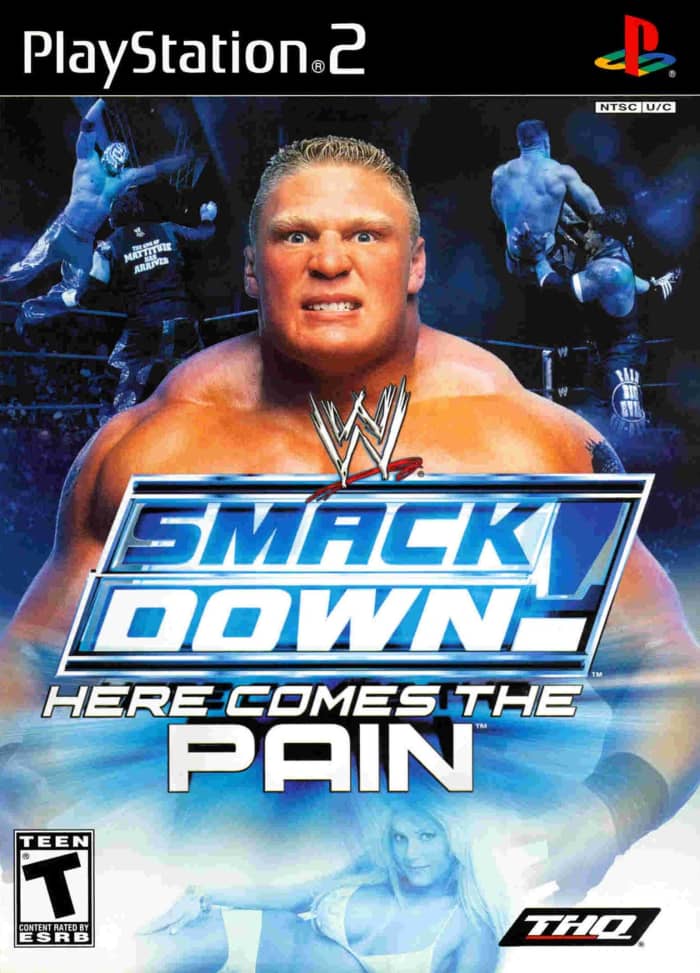 DVD Cover of SmackDown: Here Comes the Pain featuring Brock Lesnar in the front along Rey Mysterio, Matt Hardy, Undertaker, John Cena and Torrie Wilson