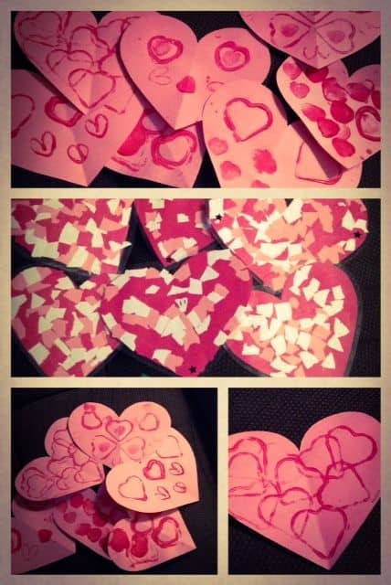Simple construction paper valentines stamped hearts using kids' washable paint, heart shaped foam stickers glued to plastic juice lids and heart shaped cookie cutters. Simple mosaic valentines using red, white and pink construction paper ripped into