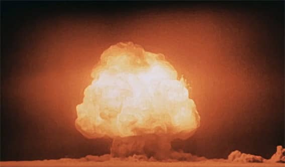 Mushroom cloud seconds after detonation of the first nuclear bomb at the Trinity Test Site, New Mexico, on July 15, 1945.