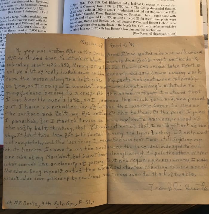 Firsthand account of April 5,1944 of Lieutenant A.F. Bunte documented in Stalag Luft 1, Barth Germany.