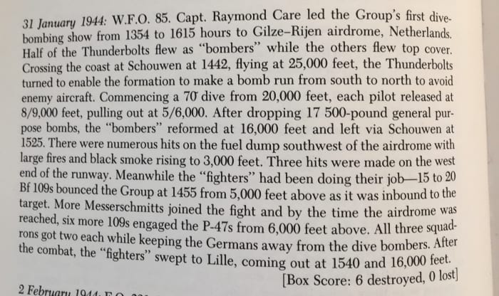 John's first documented flight January 31, 1944. Box score 6 Destroyed, 0 Lost.