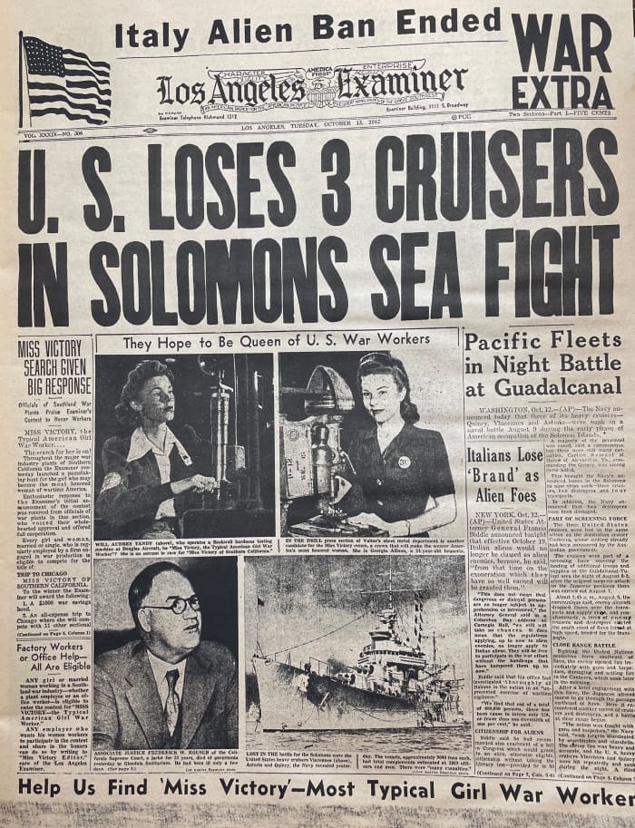 LA Examiner "War Extra" front page, 13 October 1942. One month later, in the ongoing battle in the Solomons, all five Sullivan brothers from Waterloo, Iowa would die when their ship, the USS Juneau, was sunk south of San Cristobol Island.