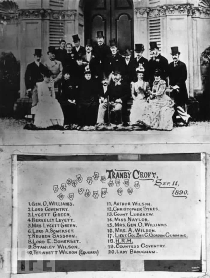 The Tranby Croft house party guests. September 1890. Sir William Gordon-Cumming wasn't present by this stage. He was inserted into the photograph afterwards.