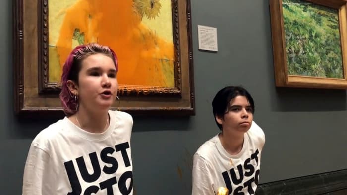 Two girls throw soup at Van Gogh. https://abcnews.go.com/International/climate-activists-throw-soup-vincent-van-gogh-painting/story?id=91505432