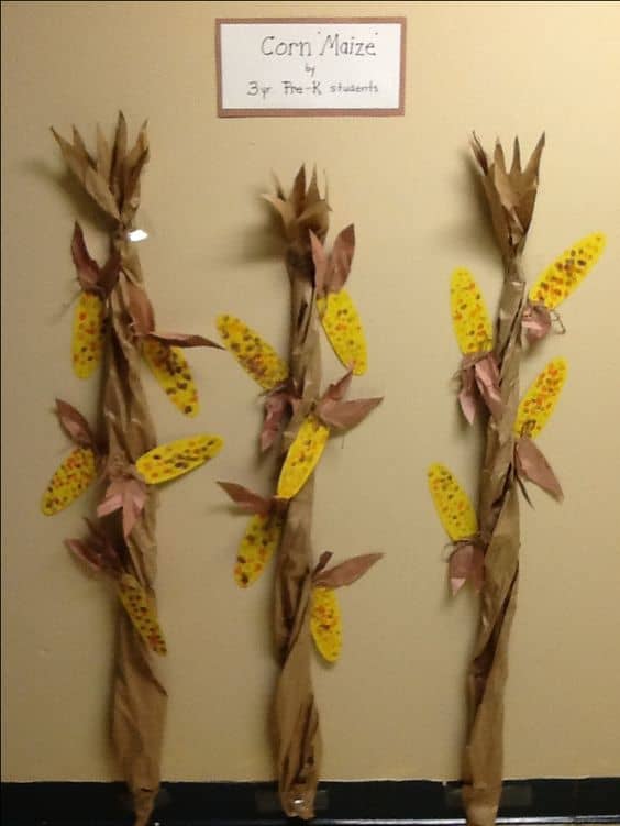 Students used fingertips in ink pads for kernels. Stalks is craft paper scrunched and rolled somewhat
