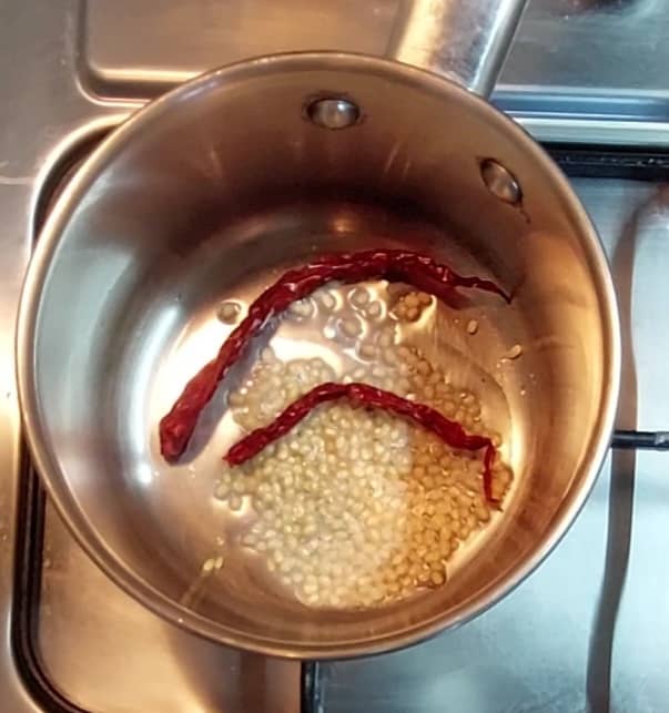In a frying pan, heat 1 teaspoon oil. Add 1 teaspoon urad dal, 2-3 red chilies. Saute for a few seconds on low flame.
