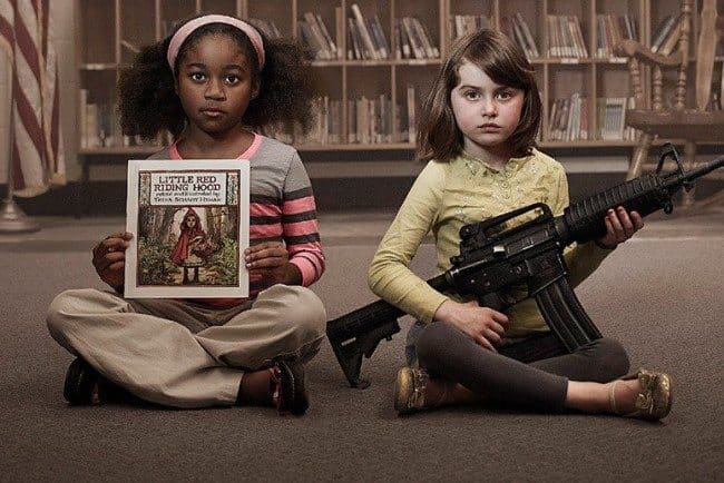 Moms Demand Action for Gun Sense in America created this image with the caption “One child is holding something that's been banned in America to protect them.”