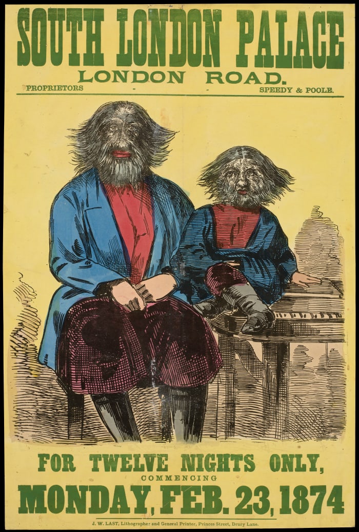 A Victorian poster advertising a "freak show", in this case featuring Jo-Jo the Dog-Faced Boy, and his father, the ‘Wild Man from the Kostroma Forest’.