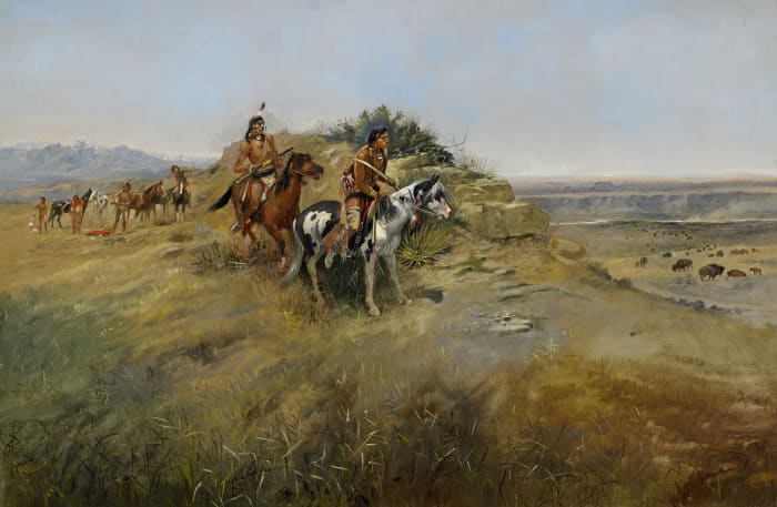 "Buffalo Hunt," 1891 Russell's paintings have a mythic quality and are characterized by dramatic movement. They often feature men on horseback.