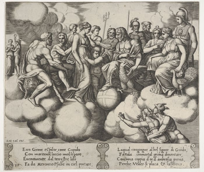 In this engraving by Raphael, the Italian Renaissance painter, depicts Cupid and Psyche making their case to the gods. In Till We Have Faces, it is Orual, Psyche's older sister, who makes her case to the gods.