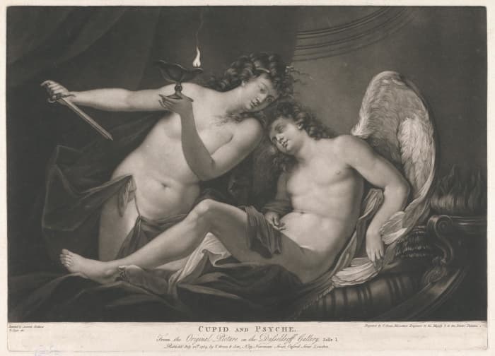 Psyche shines a lamp on Cupid. "Cupid and Psyche" Mezzotint print, 1784, Yale Center for British Art