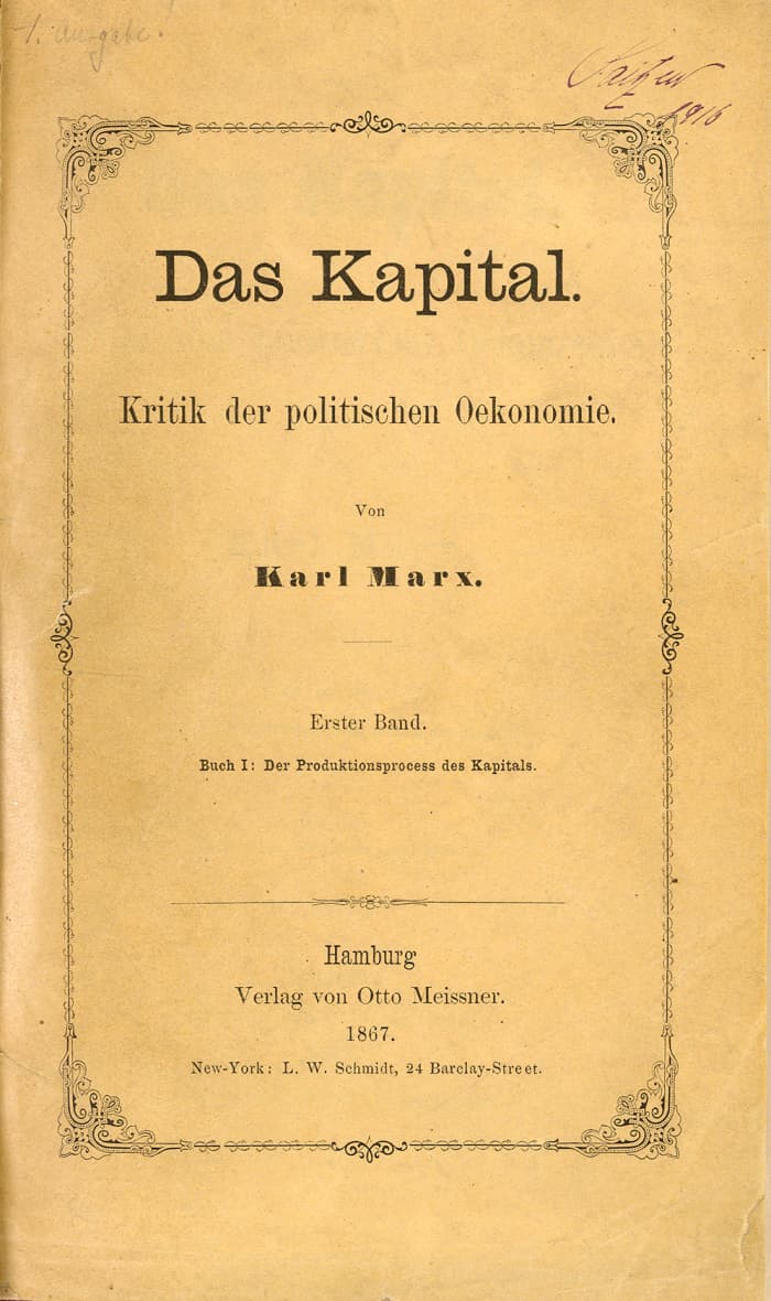 The title page of the first volume of Das Kapital or Capital: A Critique of Political Economy, the foundational theoretical text by Marx.