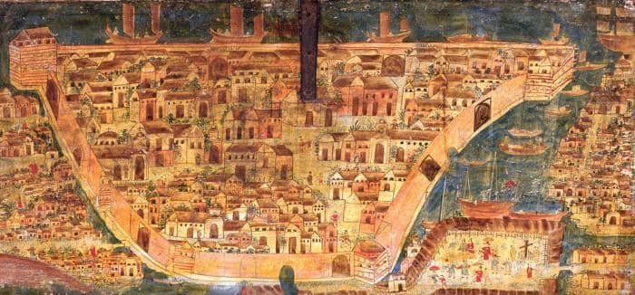 An oil painting of the walled city of Manila, circa 1640-1650 displayed in the Museo de Arte Jose Luis Bello in Puebla, Mexico.