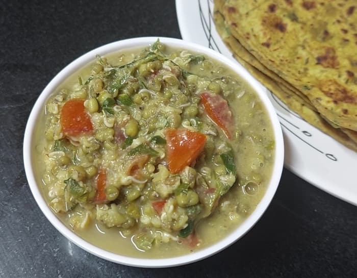 Tasty and healthy green gram methi leaves curry is ready. Serve hot with chapati, dosa, rice or phulka. Enjoy.