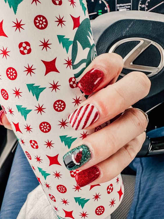 Disney Christmas Nails - Santa Mickey with Peppermint accent nail