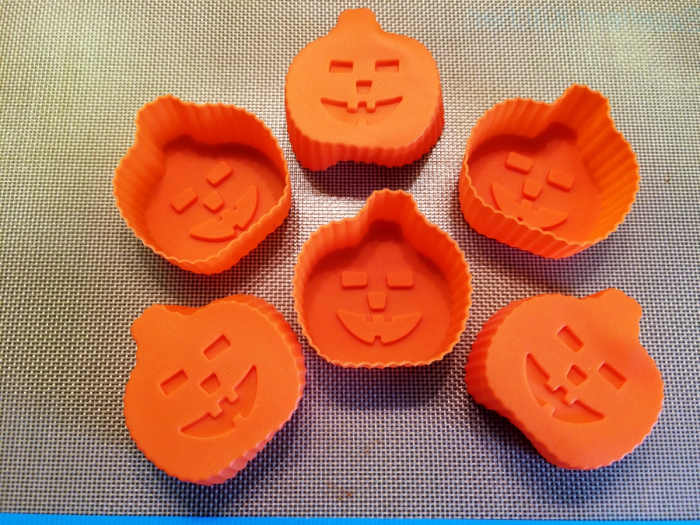 Silicone baking molds come in all shapes and sizes to create the perfect result for any occasion. Pictured, is my daughter's set of Halloween pumpkin cupcake molds