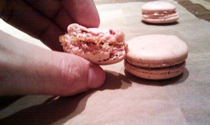 The ideal macaron has a crisp, thin shell, a soft, pillowy center, and a complementary filling between the halves. (Here, I've used a caramelized white chocolate ganache.)