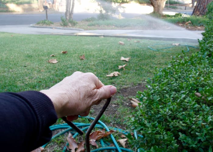 Turning sprinklers on by hand works only if you don't have very many. In this case, I open sprinkler valves in four different locations to water three lawns and two areas of trees with ground cover. It takes a long time to water everything.