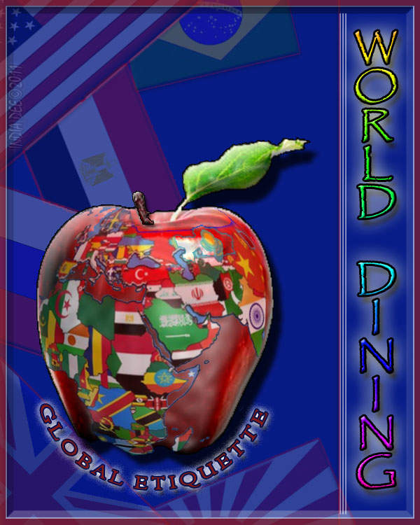 An apple with the world flag map indicates the importance of knowing etiquette around the world.